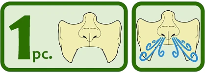 Image of text of 1 pc on the left with icons of the prosthetic, and icon of the prosthetic with air swirls coming out from the nose to demonstrate breathability.