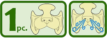 Image of text of 1 pc on the left with icons of the prosthetic, and icon of the prosthetic with air swirls coming out from the nose to demonstrate breathability.