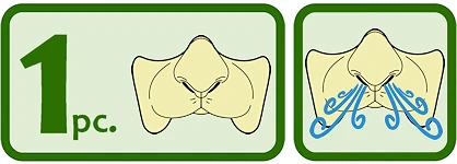 Image of text of 1 pc on the left with icons of the prosthetic, and icon of the prosthetic with air swirls coming out from the nose to demonstrate breathability.