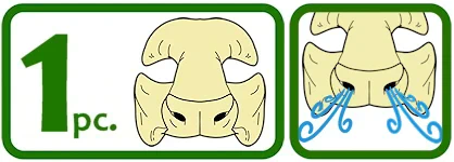 Image of text of 1 pc on the left with icons of the prosthetic, and icon of the prosthetic with air swirls coming out from the nose to demonstrate breathability.