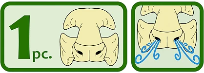 Image of text of 1 pc on the left with icons of the prosthetic, and icon of the prosthetic with air swirls coming out from the nose to demonstrate breathability.