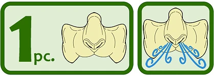 Image of text of 1 pc on the left with icons of the prosthetic, and icon of the prosthetic with air swirls coming out from the nose to demonstrate breathability.