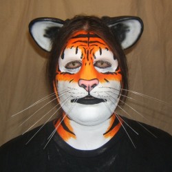 Cat Face hot foam latex prosthetic, painted with makeup as a tiger