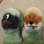 Two Small Fox Nose foam latex prosthetics placed on a plastic human face cast, painted as a skunk and a raccoon