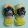 Two foam latex prosthetic Sheep / Goat Noses painted dark grey and black placed on plastic human face casts. One has a pink nose. Two foam latex prosthetic Sheep / Goat Noses painted dark grey and black placed on plastic human face casts. One has a pink nose.