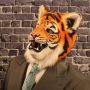 Man wearing foam latex prosthetic face and makeup to look like an anthropomorphic tiger. Man wearing foam latex prosthetic face and makeup to look like an anthropomorphic tiger.