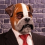 Man wearing foam latex prosthetic face and makeup to look like an anthropomorphic bulldog Man wearing foam latex prosthetic face and makeup to look like an anthropomorphic bulldog