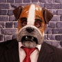 Man wearing foam latex prosthetic face and makeup to look like an anthropomorphic bulldog Man wearing foam latex prosthetic face and makeup to look like an anthropomorphic bulldog