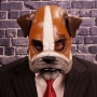 Man wearing foam latex prosthetic face and makeup to look like an anthropomorphic bulldog Man wearing foam latex prosthetic face and makeup to look like an anthropomorphic bulldog
