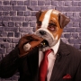 Man wearing foam latex prosthetic face and makeup to look like an anthropomorphic bulldog smoking a cigar Man wearing foam latex prosthetic face and makeup to look like an anthropomorphic bulldog smoking a cigar