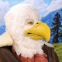 Man wearing latex prosthetic beak and makeup with feathers to look like an anthropomorphic bald eagle.
