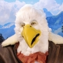 Man wearing latex prosthetic beak and makeup with feathers to look like an anthropomorphic bald eagle.