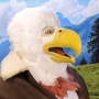 Man wearing latex prosthetic beak and makeup with feathers to look like an anthropomorphic bald eagle.