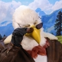 Man wearing latex prosthetic beak and makeup with feathers to look like an anthropomorphic bald eagle with sunglasses.