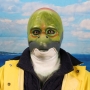 Man wearing foam latex prosthetic face and makeup to look like an anthropomorphic salmon.