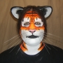 Man wearing foam latex prosthetic nose and makeup to look like an anthropomorphic orange tiger. Man wearing foam latex prosthetic nose and makeup to look like an anthropomorphic orange tiger.
