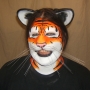 Man wearing foam latex prosthetic nose and makeup to look like an anthropomorphic orange tiger. Man wearing foam latex prosthetic nose and makeup to look like an anthropomorphic orange tiger.