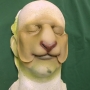 a foam latex prosthetic Sheep / Goat Nose painted in ran with a pink nose placed on a plastic human face cast a foam latex prosthetic Sheep / Goat Nose painted in ran with a pink nose placed on a plastic human face cast