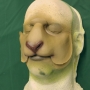 a foam latex prosthetic Sheep / Goat Nose painted in ran with a pink nose placed on a plastic human face cast a foam latex prosthetic Sheep / Goat Nose painted in ran with a pink nose placed on a plastic human face cast
